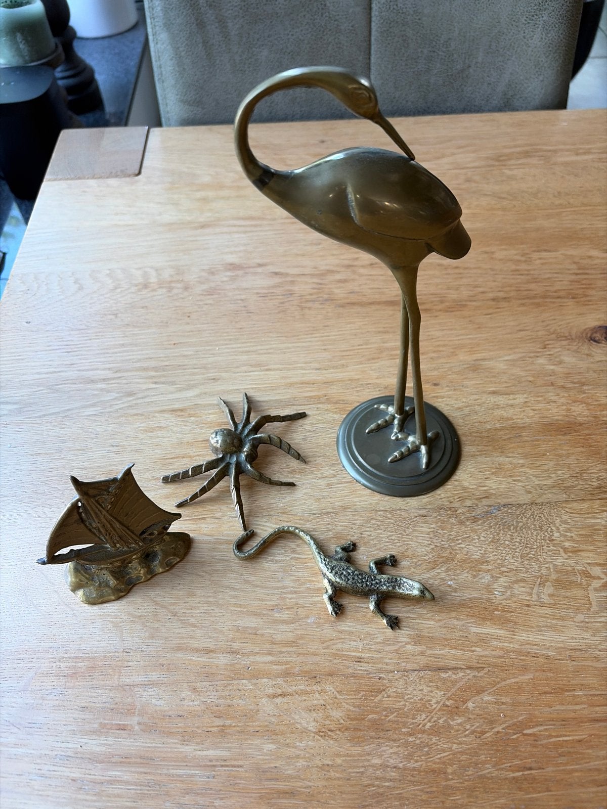 Set van 4 messing beeldjes: kraanvogel, spin, hagedis, zeils, Antiek en Kunst, Ophalen of Verzenden