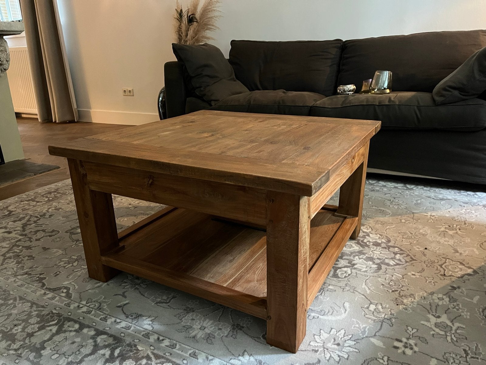 Vierkante salontafel Bali massief hout met lade 80x80x45, Ophalen, Gebruikt, Vierkant, 50 tot 100 cm