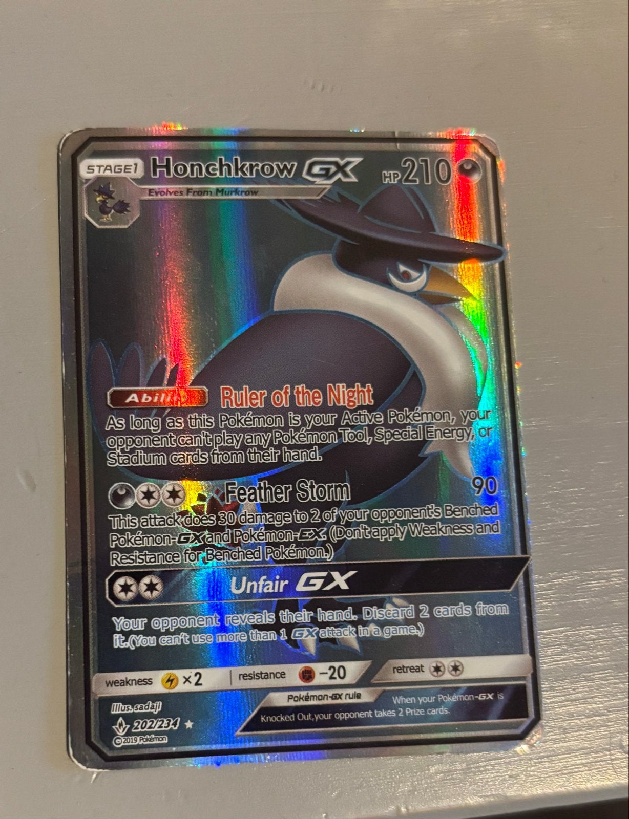 Honchkrow GX 202/234 Full Art Pokémon Kaart, Ophalen of Verzenden, Zo goed als nieuw, Losse kaart, Foil