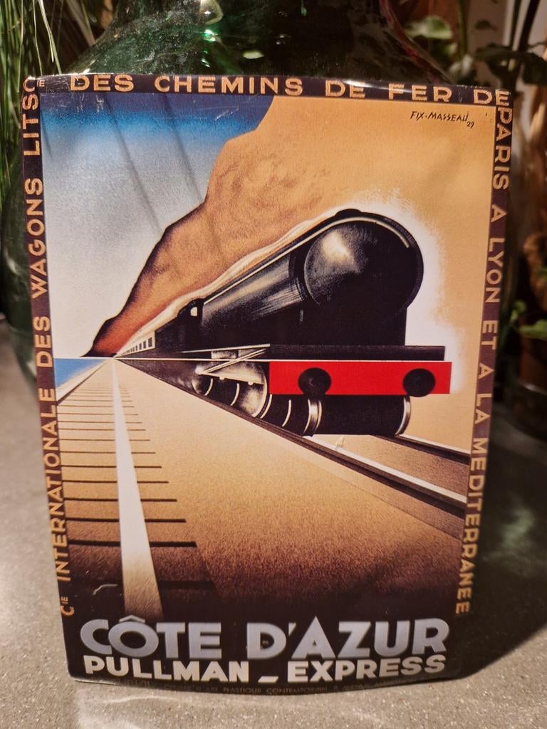 2 Grote retro blikken ansichtkaarten met trein afbeelding, Verzamelen, Ophalen, Trein