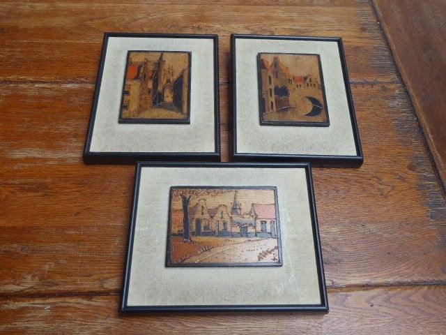 3 schilderijtjes met houten paneeltjes, Ophalen of Verzenden