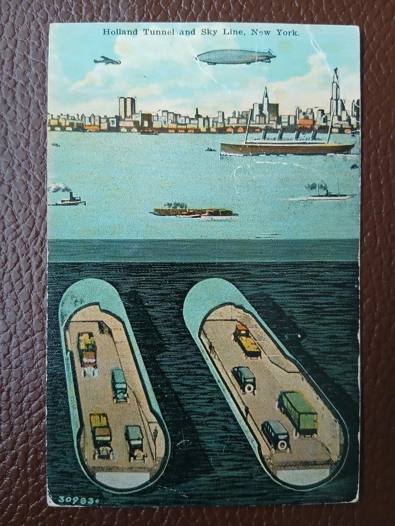 Vintage kaart Holland Tunnel and Sky Line, New York, Verzamelen, Ophalen of Verzenden, 1920 tot 1940, Ongelopen, Buiten Europa