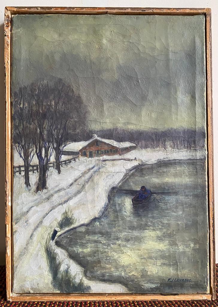Winters landschap met man in roeiboot, Antiek en Kunst, Ophalen of Verzenden