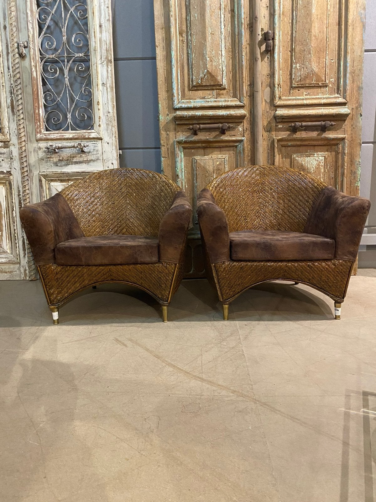 Vintage 5-delige loungeset van stof/rotan, Ophalen of Verzenden, Zo goed als nieuw, Bruin, Overige materialen