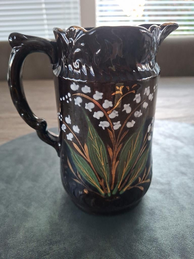 Vintage Jackfield geglazuurde kan met lelietjes van dalen., Antiek en Kunst, Ophalen of Verzenden
