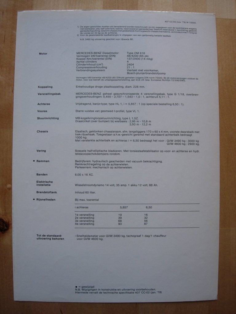 Mercedes 407D Technische Specificatie Brochure 1979 CC 407 D, Boeken, Zo goed als nieuw, Mercedes-Benz, Mercedes, Ophalen of Verzenden