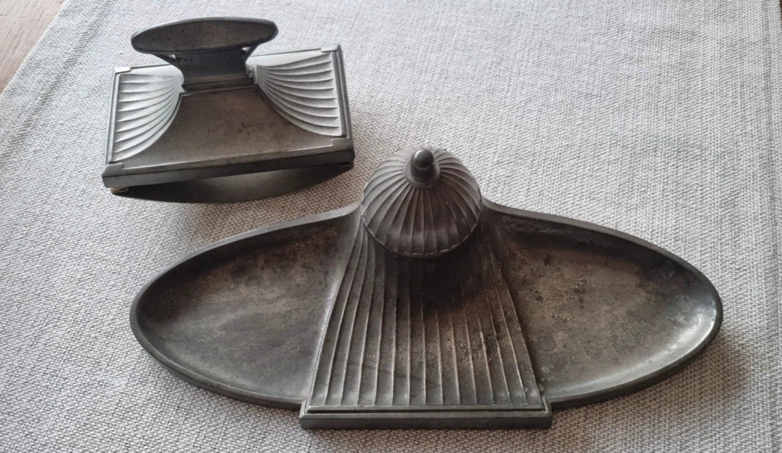 Antiek tinnen Orivit inktstel met inktwisser - Jugendstil, Antiek en Kunst, Ophalen of Verzenden