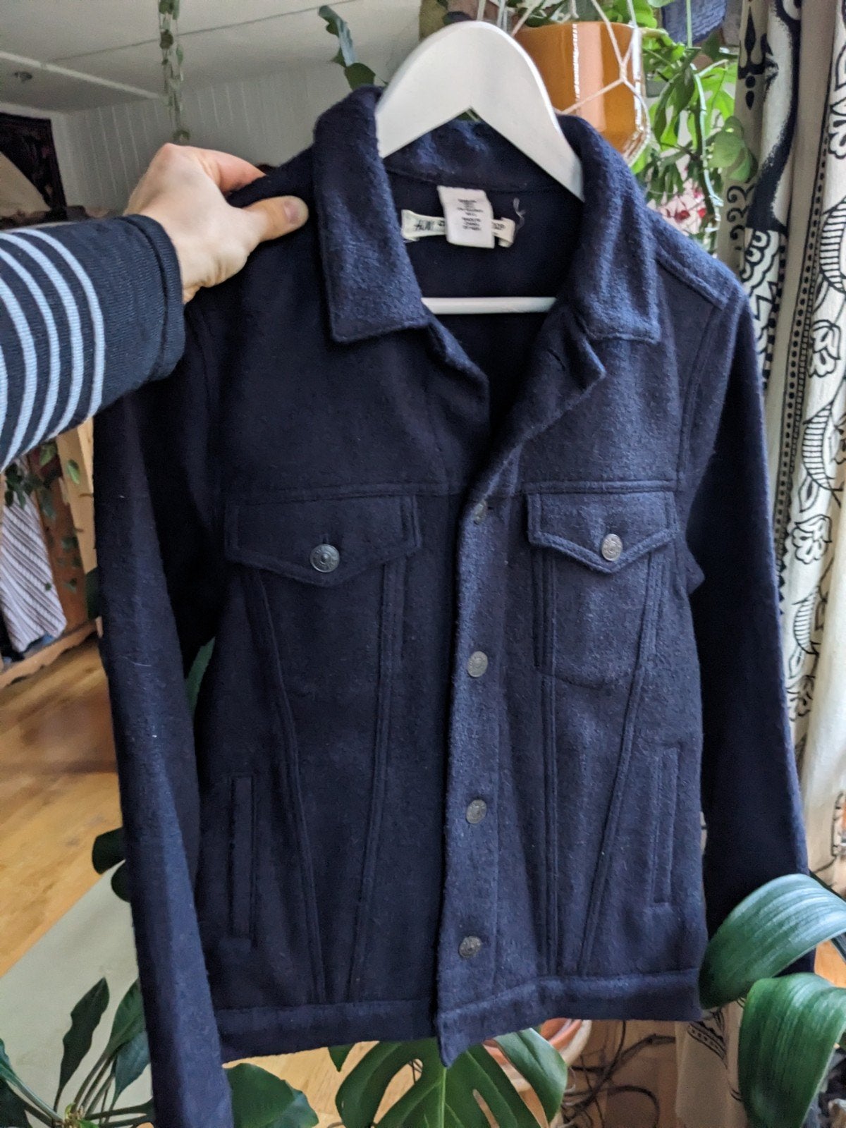 Donkerblauwe wollen damesjas, stof geweven in Italië (S/XS), H&M, Blauw, Ophalen of Verzenden, Zo goed als nieuw
