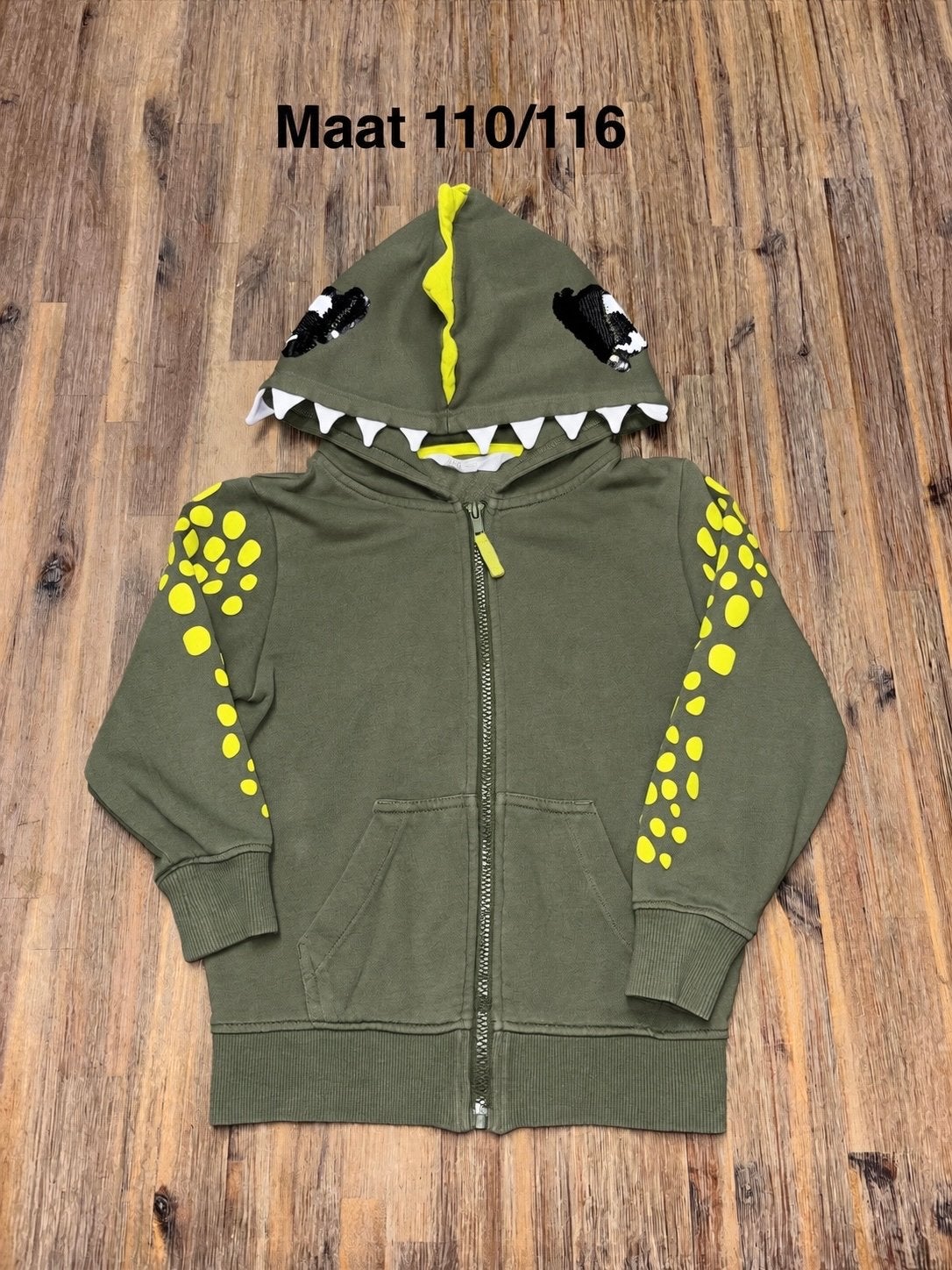 H&M Khaki Dinosaurus Vest Maat 110/116, Ophalen of Verzenden, Zo goed als nieuw, Jongen, Trui of Vest