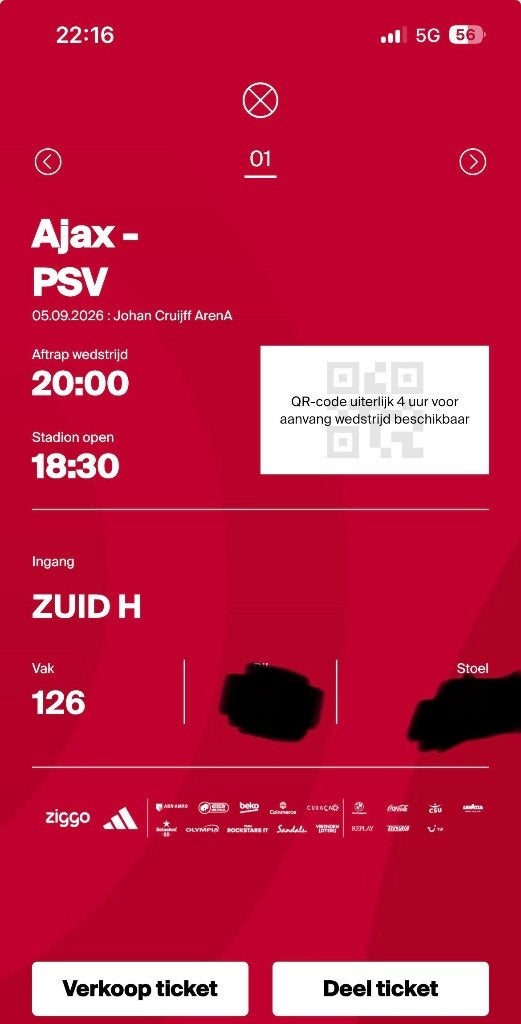 Ajax psv ticket F-Side, Eén persoon, Februari