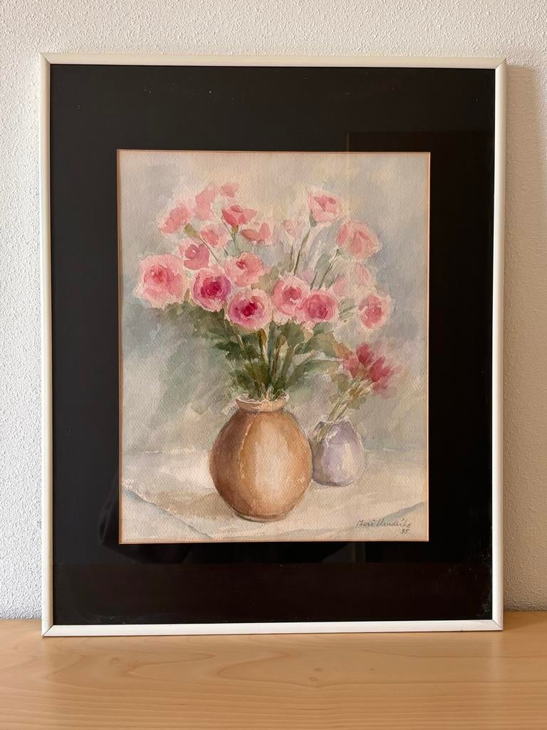 Aquarel Rozen in Vaas - Gesigneerd Mari Hendriks '95, Antiek en Kunst, Kunst | Schilderijen | Klassiek, Ophalen