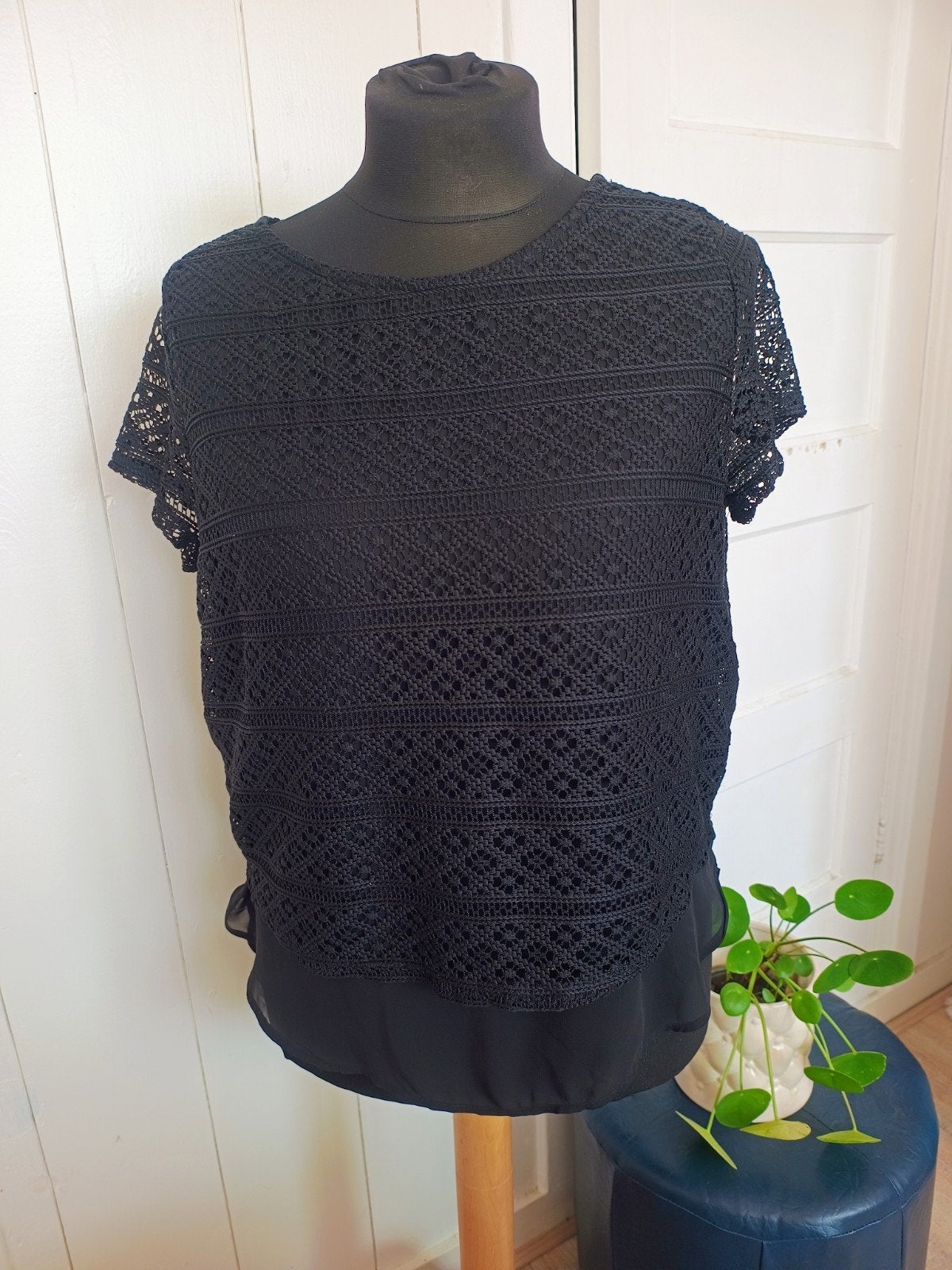 Y2K Zwarte Kanten Blouse Top Maat L – Elegant Chiffon Shirt, Maat 38/40 (M), Zwart, Ophalen of Verzenden, Zo goed als nieuw