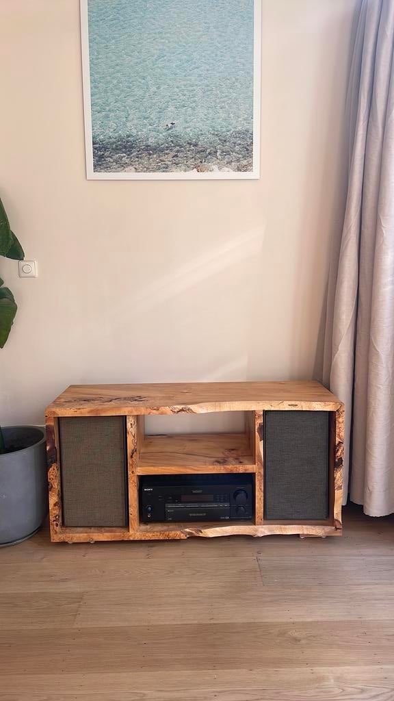 Zelfgemaakt houten tv-meubel incl. stereo-installatie, Ophalen, Gebruikt, 100 tot 150 cm, Eikenhout