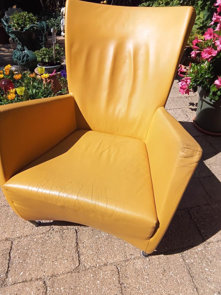 Montis fauteuil stoel echt leder design geel leer, Huis en Inrichting, Fauteuils, Ophalen, Gebruikt, Leer, Modern