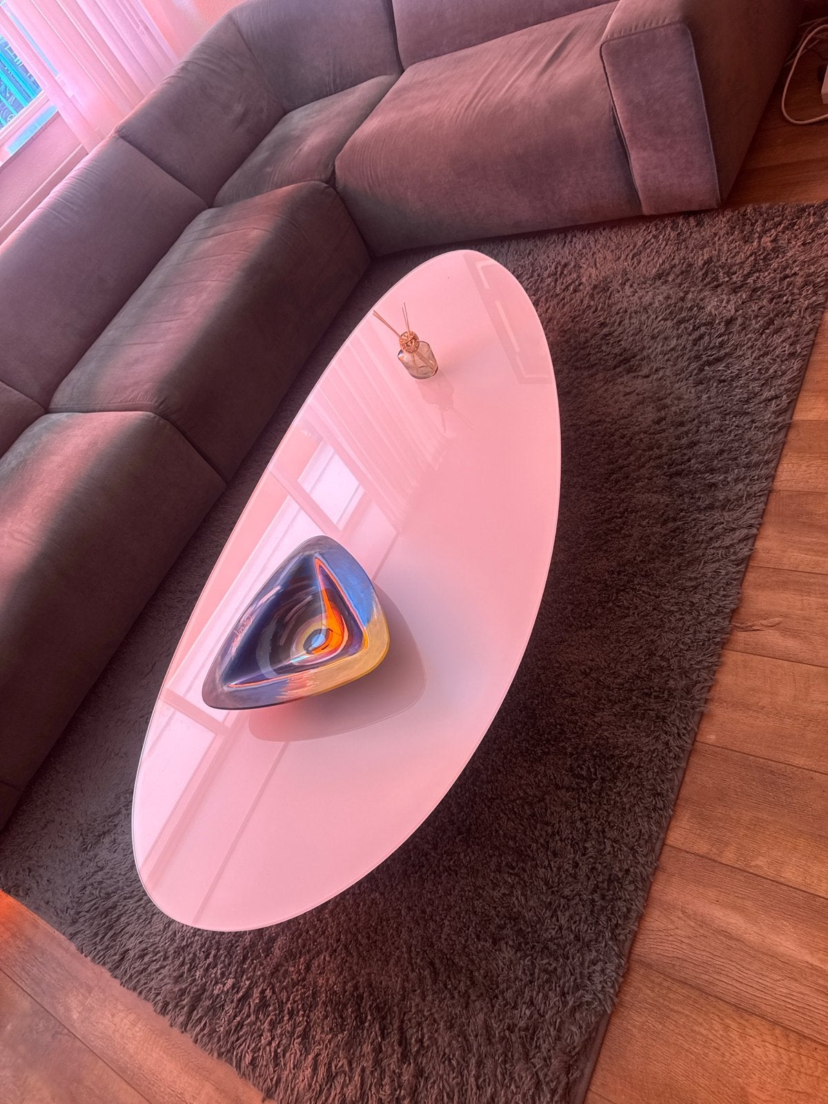 Moderne glazen salontafel - Ovaal design, Ophalen, Gebruikt, Modern, Wit