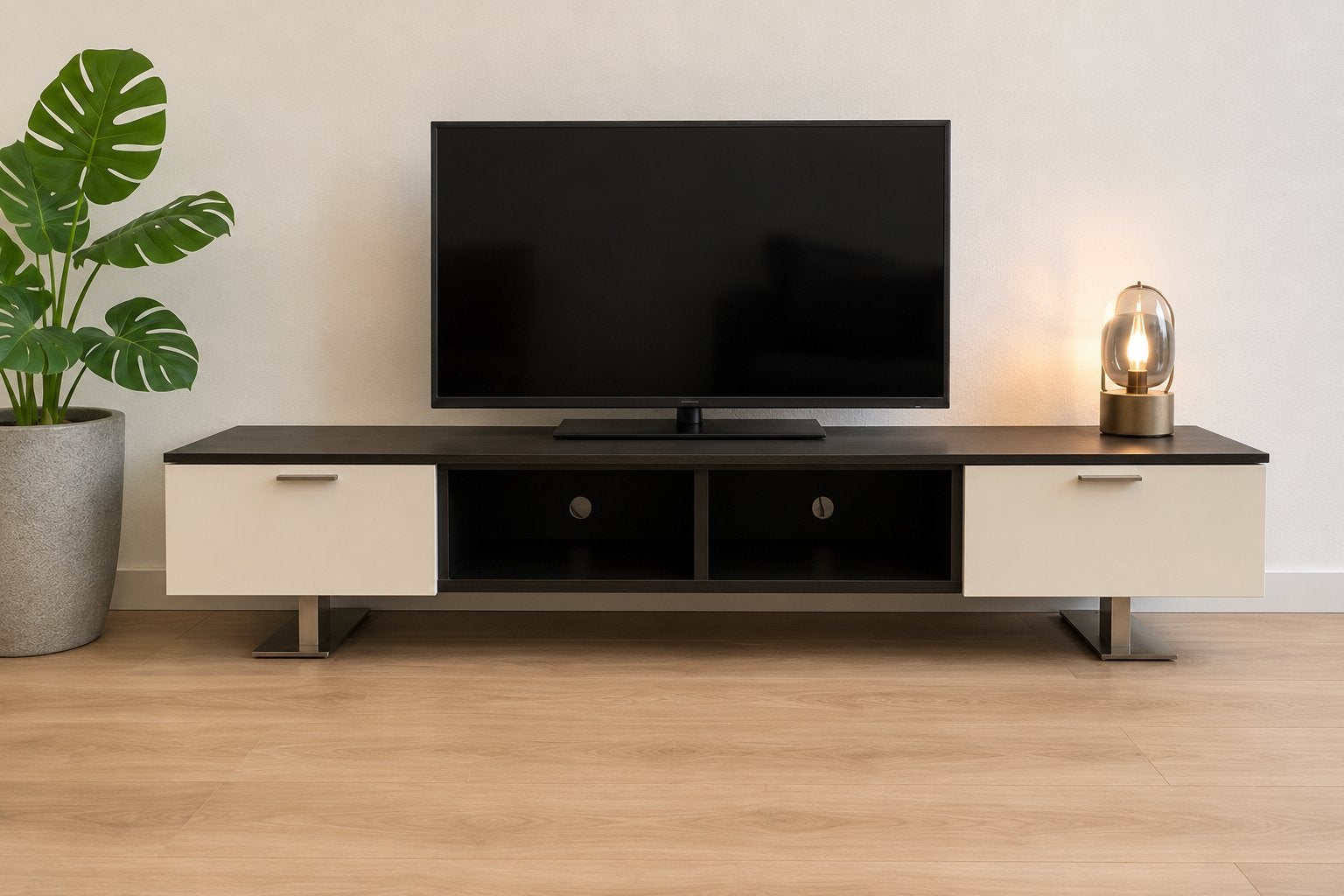 Design TV-meubel | Donkerbruin/Wit | Modern | Hartog Wonen, Ophalen, Zo goed als nieuw, 200 cm of meer, Minder dan 100 cm