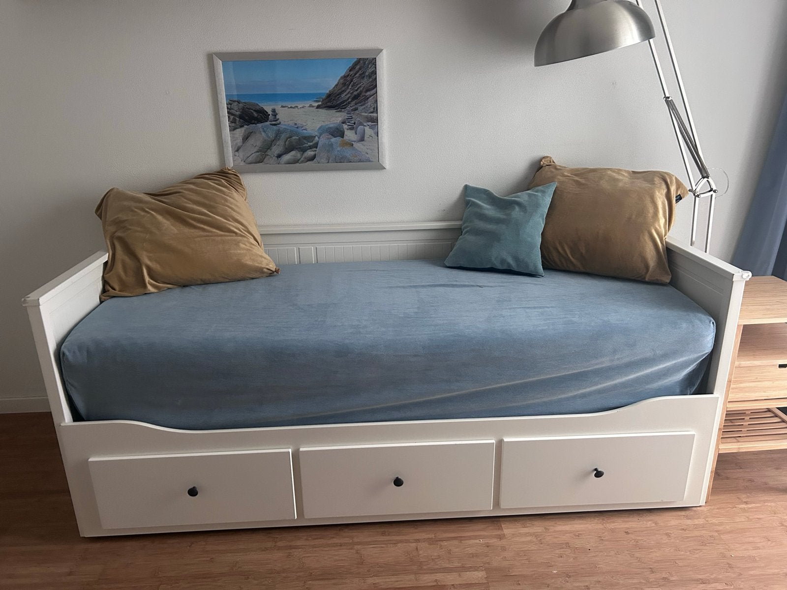 Ikea Hemnes slaapbank met opbergruimte en fluwelen hoes, Ophalen, Gebruikt, Wit, Tweepersoons
