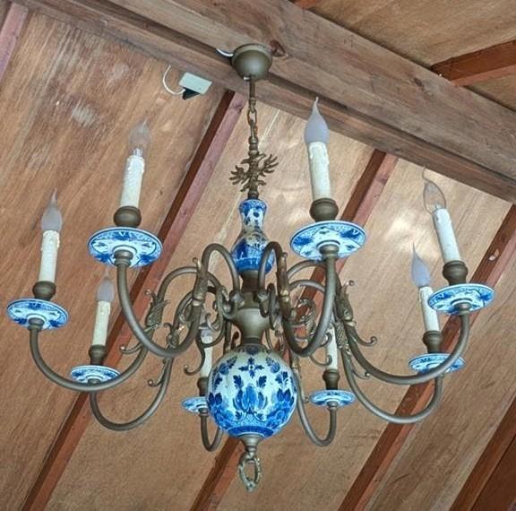 Antieke Kroonluchters een met Delfts Blauw Porselein, Ophalen, Gebruikt, Overige materialen, Antiek, Klassiek, Delfts Blauw