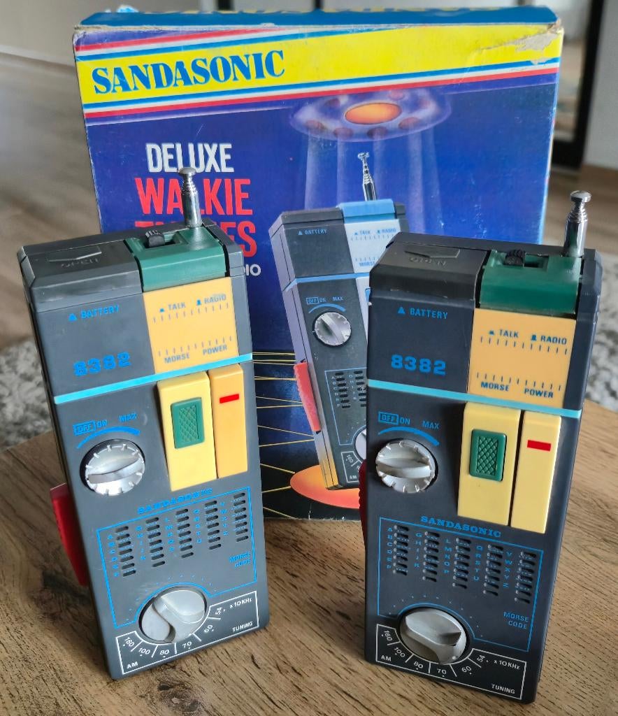 Vintage Sandasonic walkie talkies met Morse in doos, Telecommunicatie, Ophalen of Verzenden, Gebruikt, Minder dan 2 km, Portofoon of Walkie-talkie