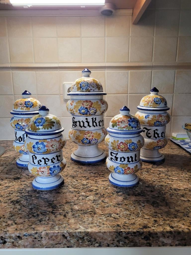 Set van 5 vintage Delfts blauw-stijl kruidenpotten, Antiek en Kunst, Ophalen of Verzenden