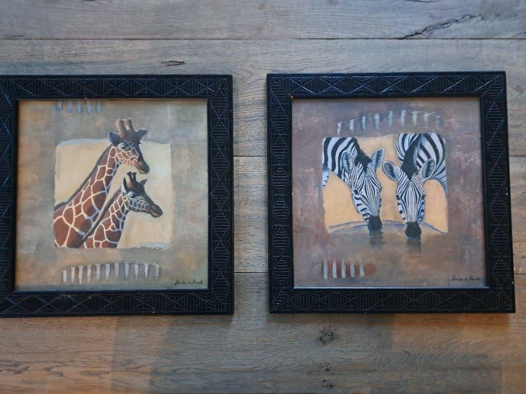 2 dierenschilderijen giraf en zebra, Minder dan 50 cm, Ophalen of Verzenden, Zo goed als nieuw, Schilderij