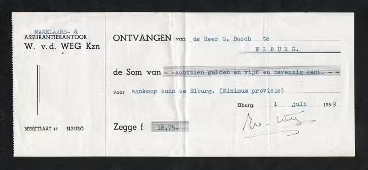 Elburg Nota Ontvangstbewijs Ass. Kantoor W. v.d. Weg 1959., Verzamelen, Ophalen of Verzenden, Zo goed als nieuw