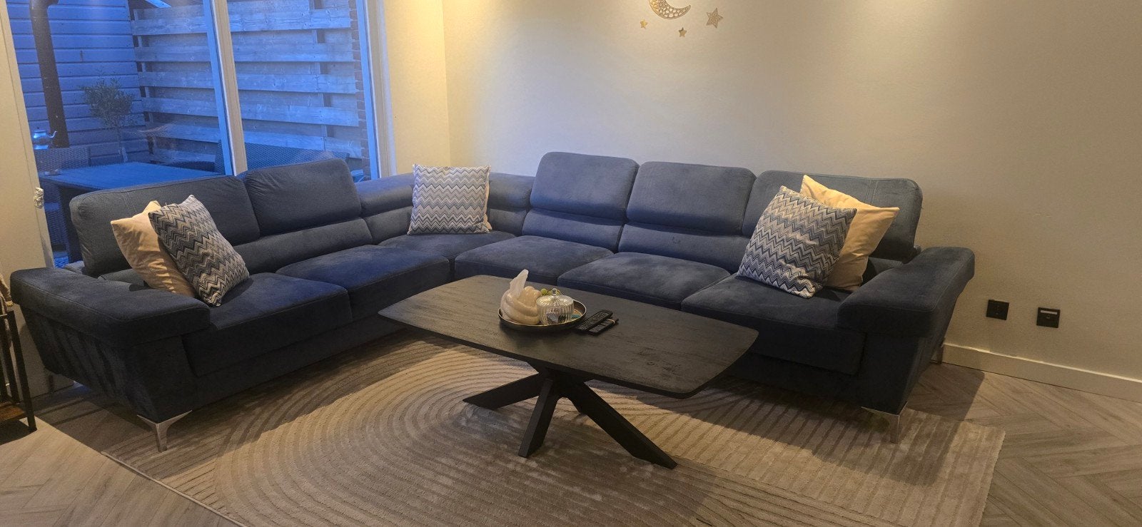 Comfortabele blauwe hoekbank - Zo goed als nieuw, Ophalen, Minder dan 75 cm, Hoekbank, 300 cm of meer