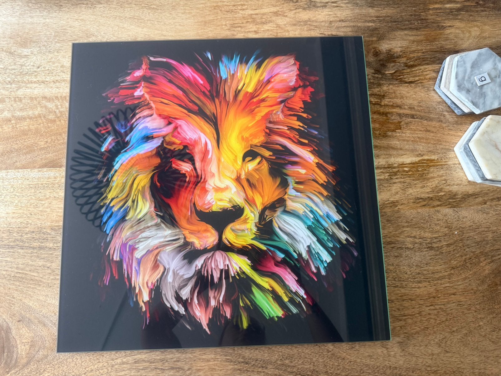 2x Leeuwen kop schilderij van glas, Ophalen
