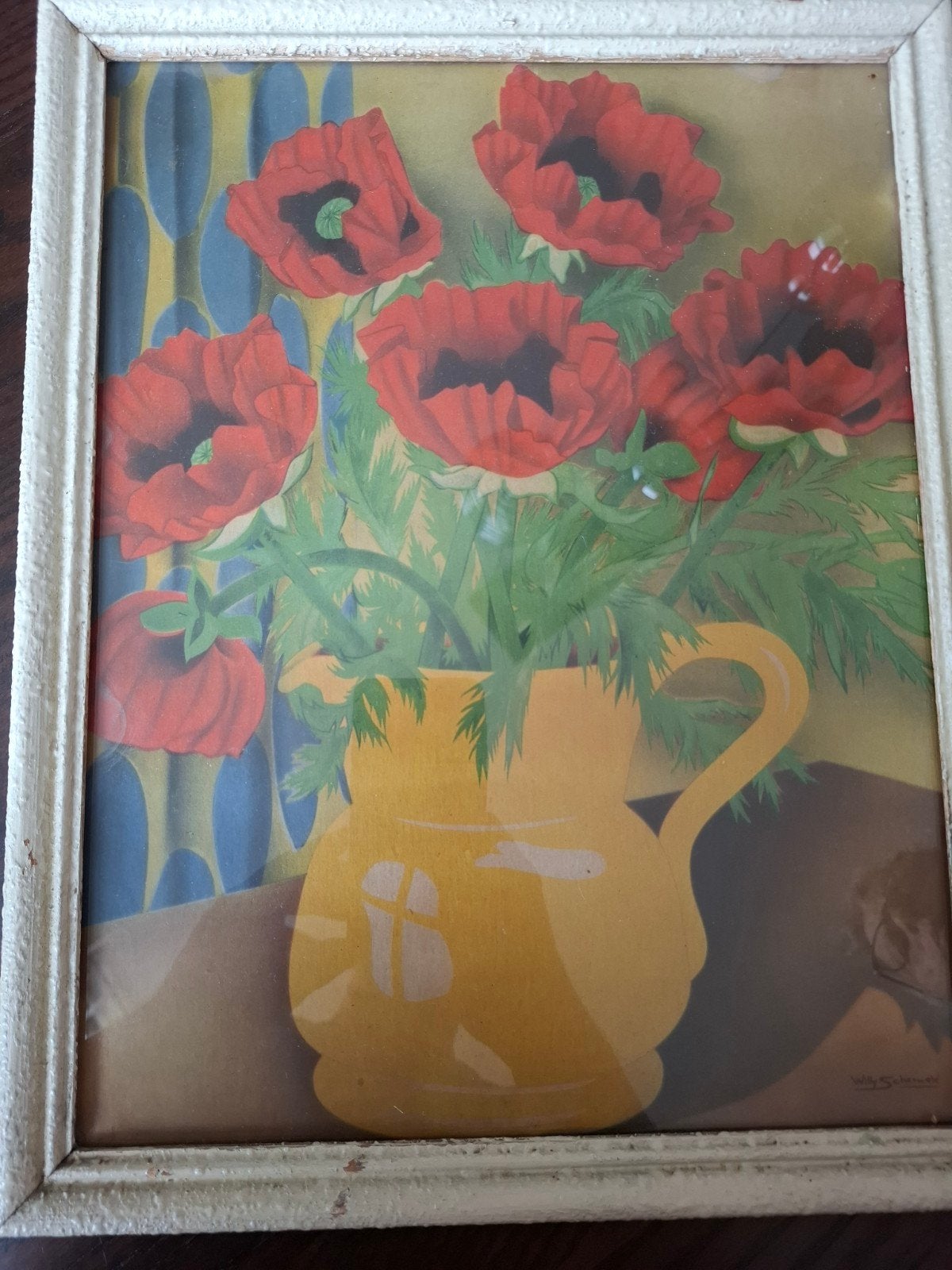 Prent van Willy Schermelé - Klaprozen in vaas, Ophalen, Print, Prent, Ingelijst