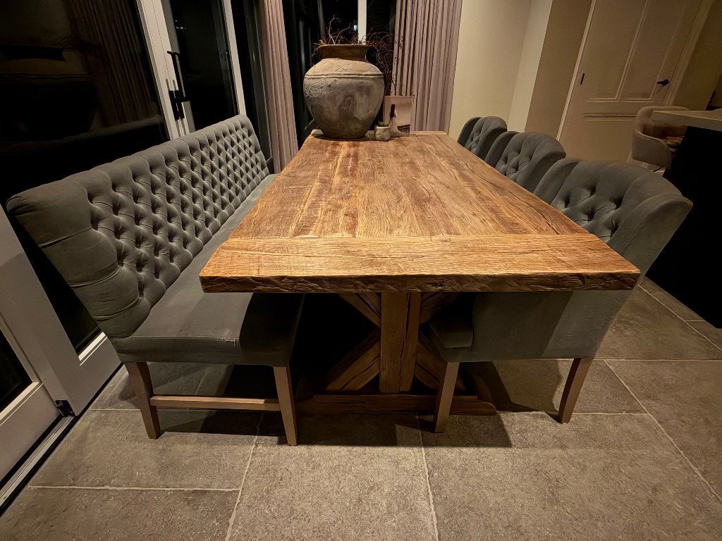 Landelijke Eethoek tafel 220x100 Olav Eetbank + 3 Stoelen, Ophalen, Gebruikt, Landelijk, Minder dan 4 stoelen