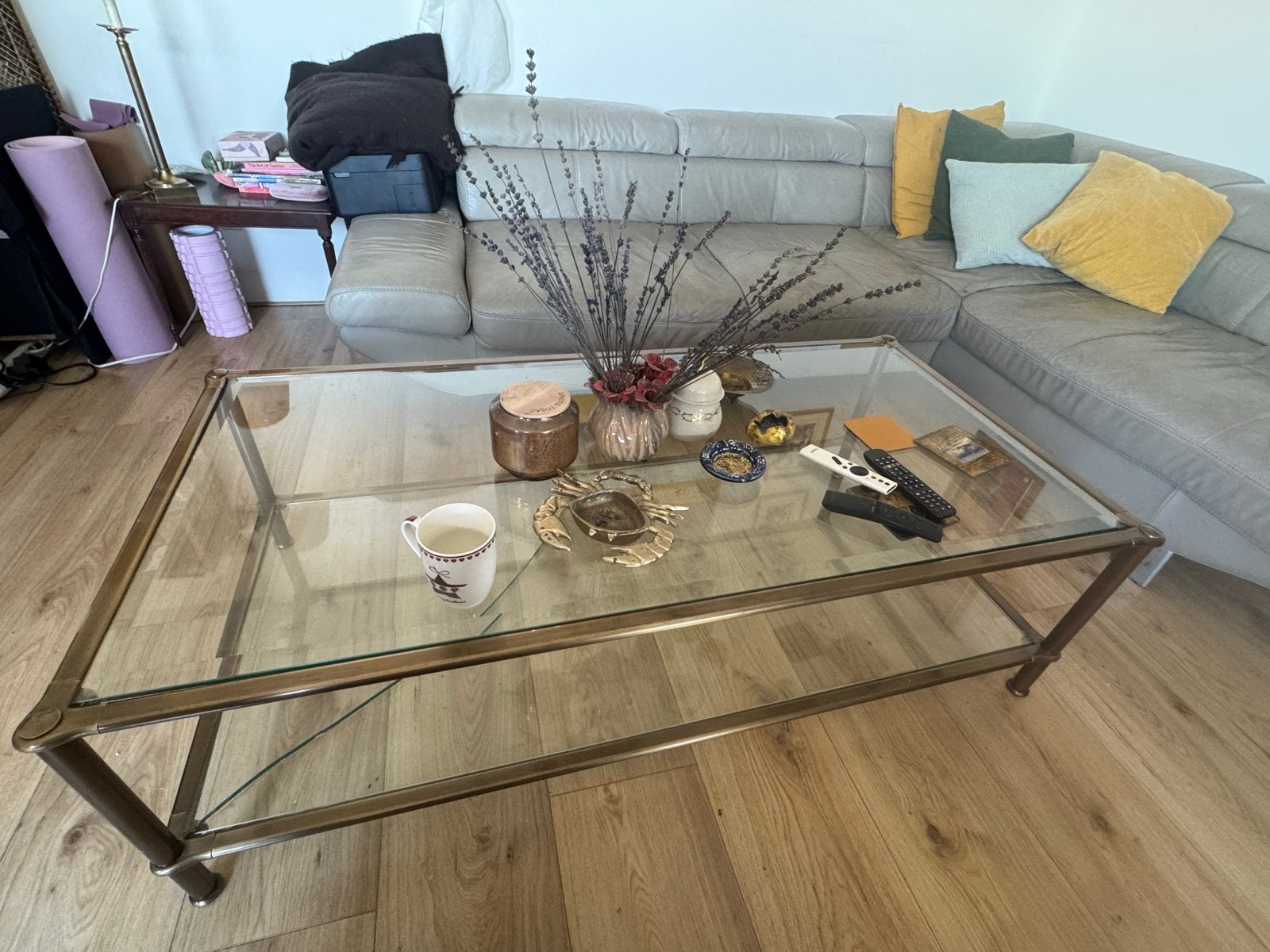 Bronzen salontafel met glasplaat (onderste glas kapot), Ophalen of Verzenden, Gebruikt, Rechthoekig, Metaal