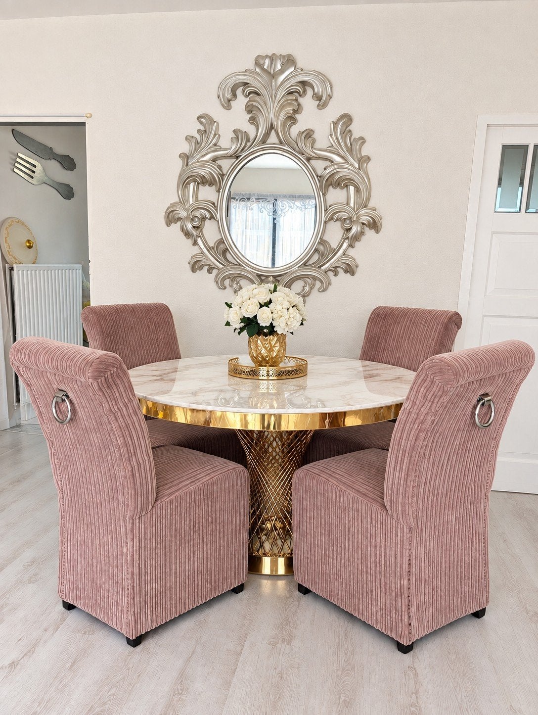 LUXE URBANSOFA EETKAMERSET – MARMER & GOUD, Huis en Inrichting, Ophalen, 4 tot 6 stoelen