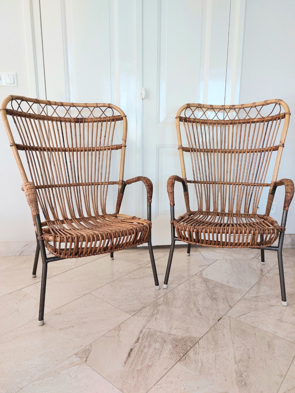 2x vintage rotan fauteuil stoel jaren 50 60 Rohé, Ophalen, Gebruikt, Minder dan 75 cm, Riet of Rotan