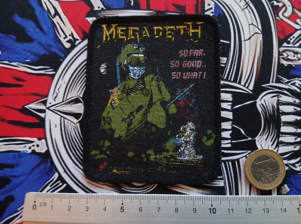 Megadeth vrij mooie vintage 1988 patch 12 so far so good, Ophalen of Verzenden, Nieuw, Kleding