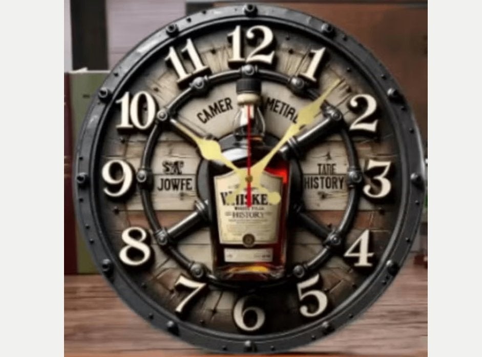 Ronde wandklok van hout analoge Whiskey (25cm), Huis en Inrichting, Ophalen of Verzenden, Nieuw, Wandklok