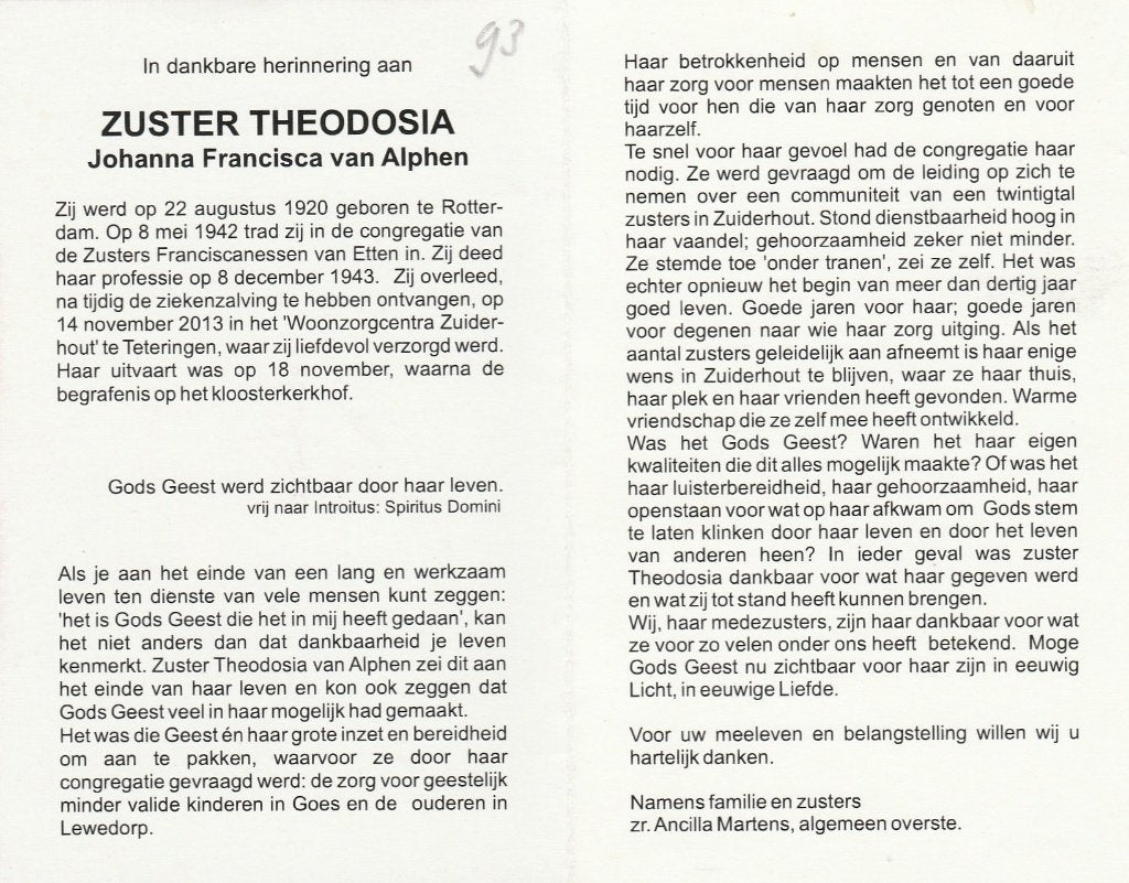 zuster van alphen-rotterdam -teteringen 2013, Ophalen of Verzenden, Bidprentje