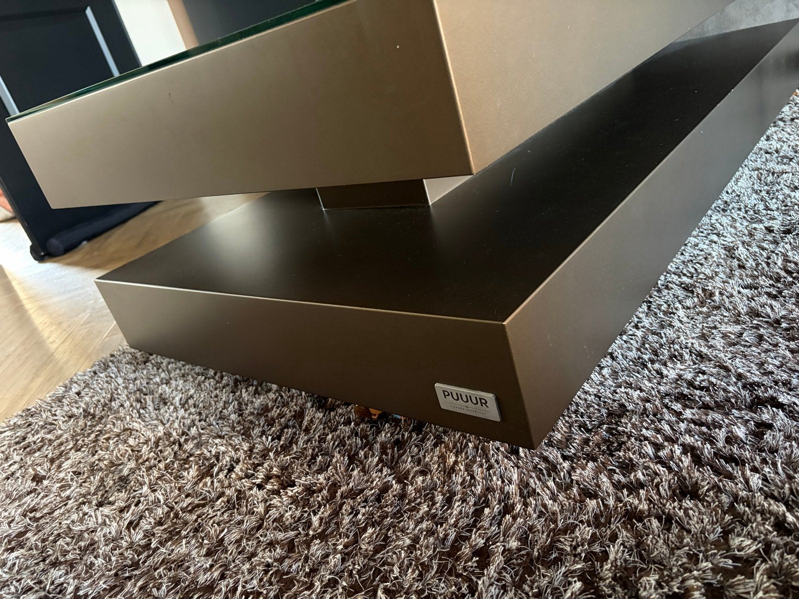 Moderne salontafel met glazen blad - Puuur design, Ophalen, Gebruikt, 100 tot 150 cm, 50 tot 100 cm