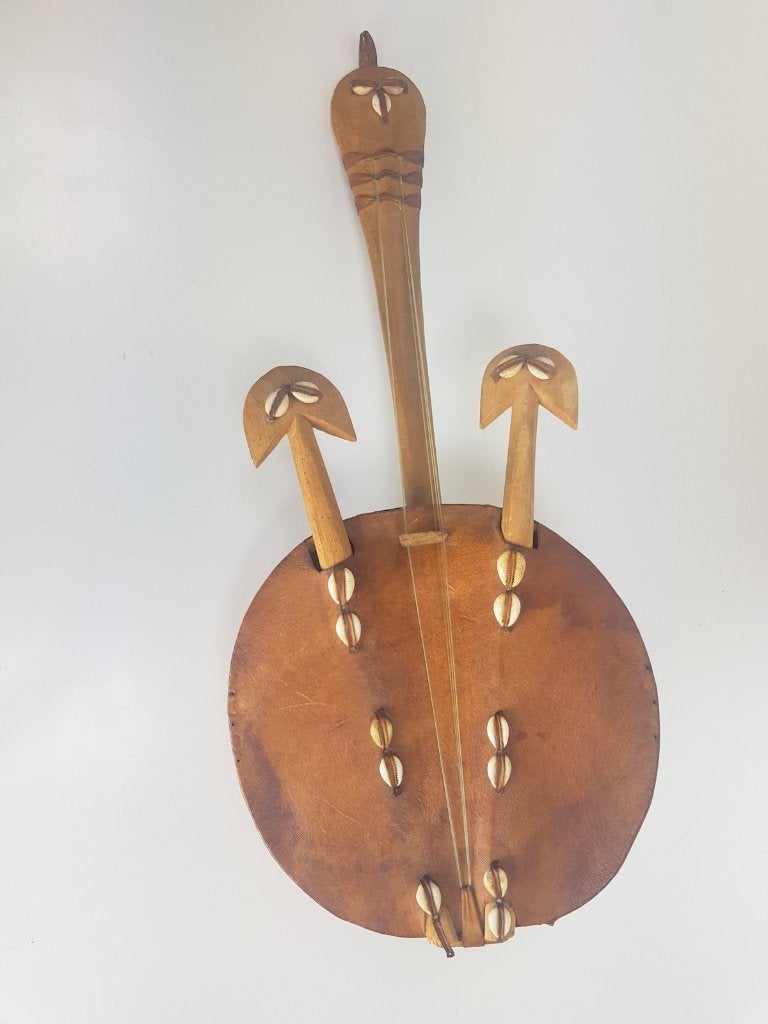 Vintage Afrikaanse kalebas Gitaar Hout Leer Zuid-Afrika ‘60, Gebruikt, Decoratieobject, Ophalen of Verzenden, Botanisch