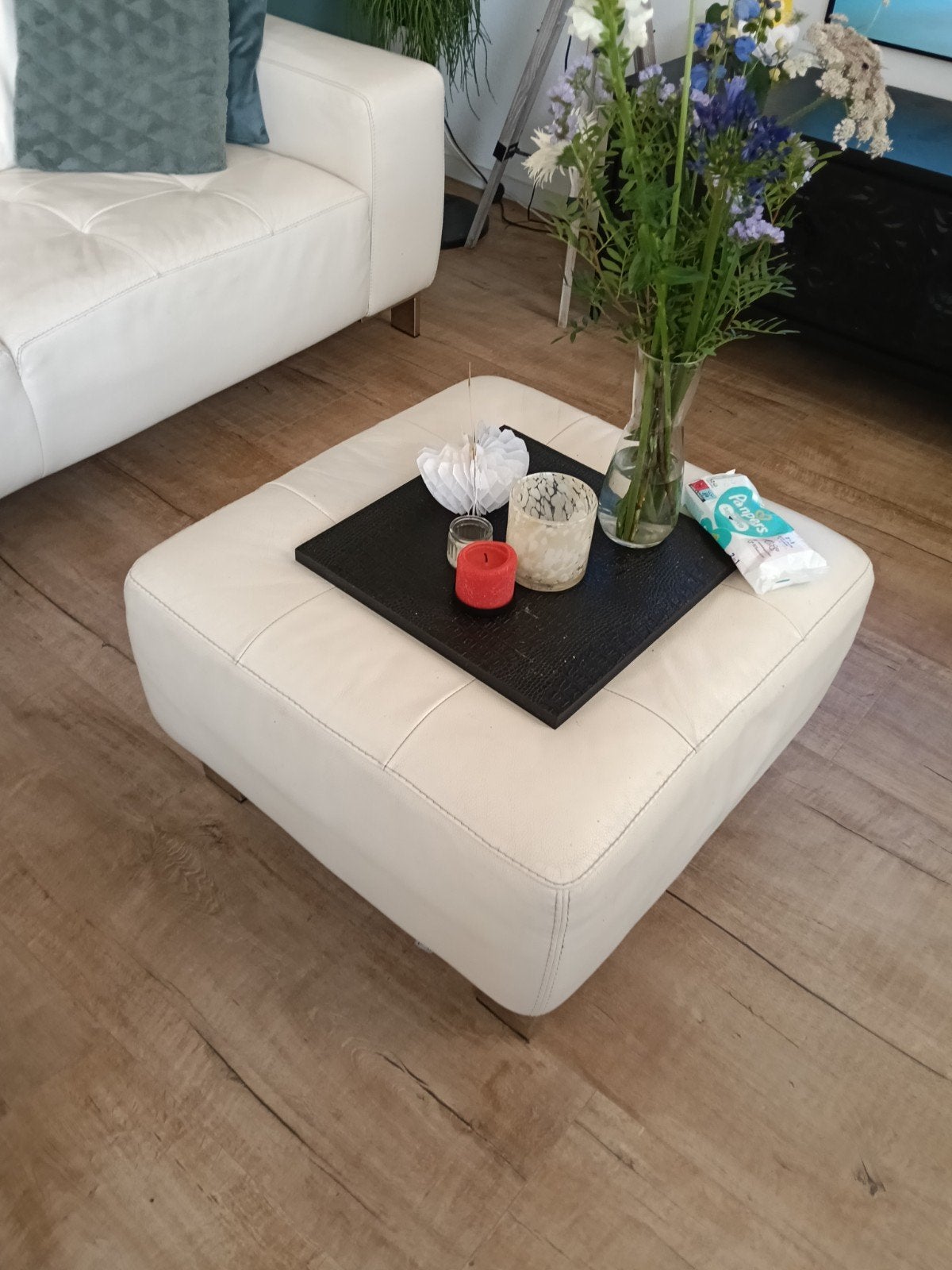 Montel lederen hocker 90x90 cm - Crème, Ophalen, Gebruikt, Vierkant, Leer