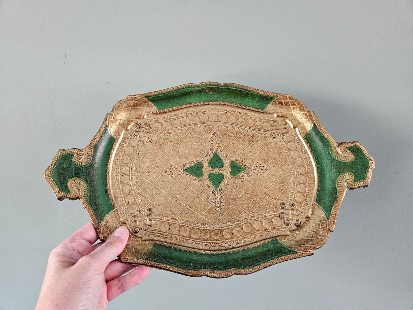 Vintage Italiaans / Florentijns dienblad - Groen en Goud, Ophalen of Verzenden, Zo goed als nieuw, Rond, Metaal