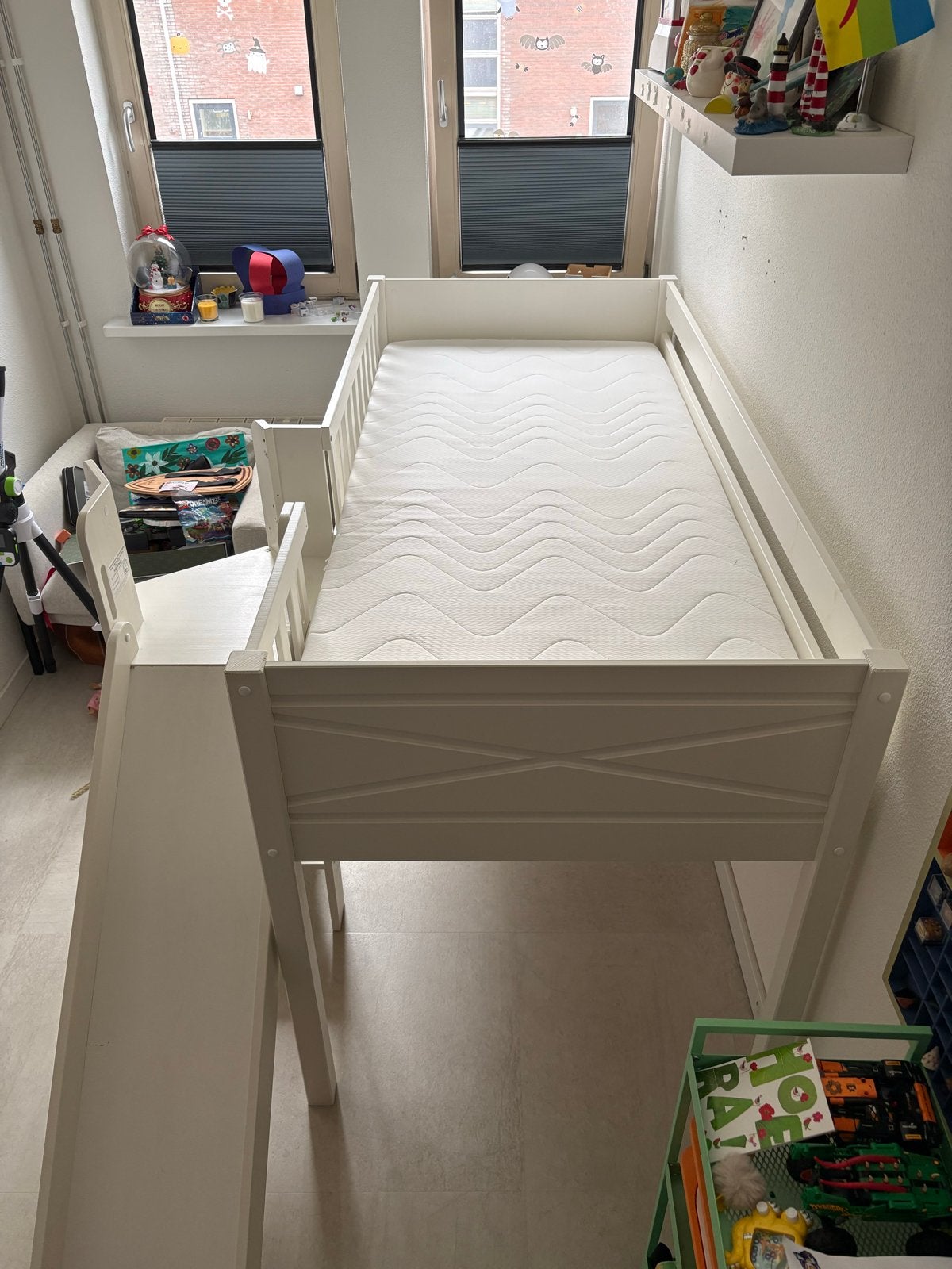 Halfhoogslaper met glijbaan en trap - Wit, Ophalen, Gebruikt, 90 cm, Eenpersoons