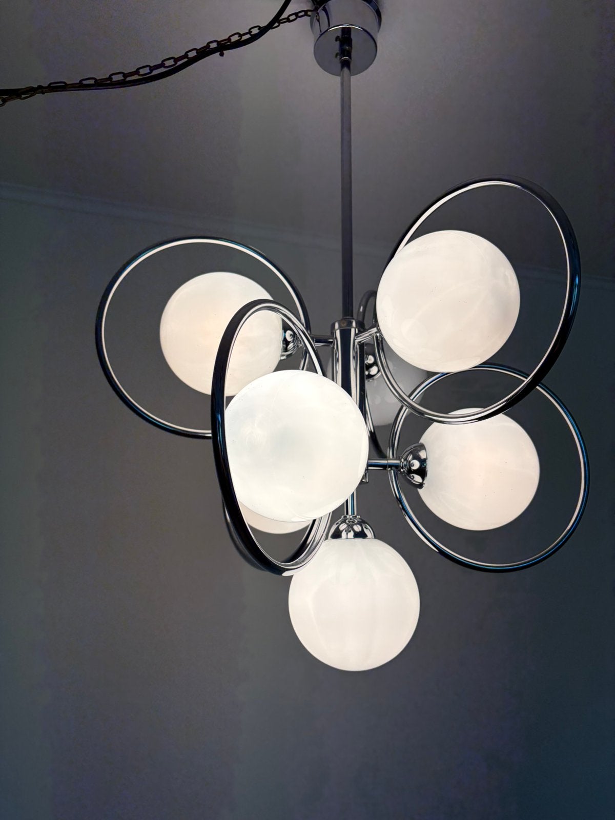 Vintage chromen Sputnik Saturnus hanglamp 7 glazen bollen, Huis en Inrichting, Lampen | Hanglampen, Ophalen, Zo goed als nieuw