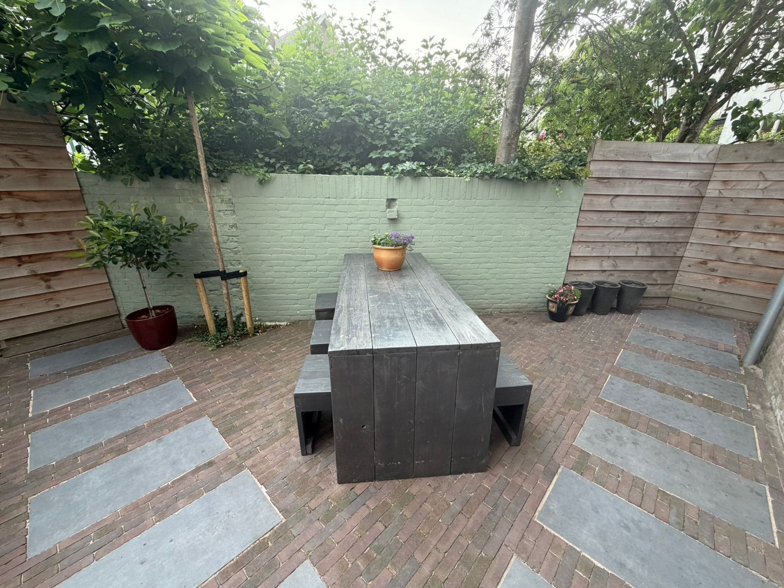 Steigerhouten tuinset: eettafel + 6 krukjes + kussens, Tuin en Terras, 6 zitplaatsen, Steigerhout, Ophalen of Verzenden, Zo goed als nieuw