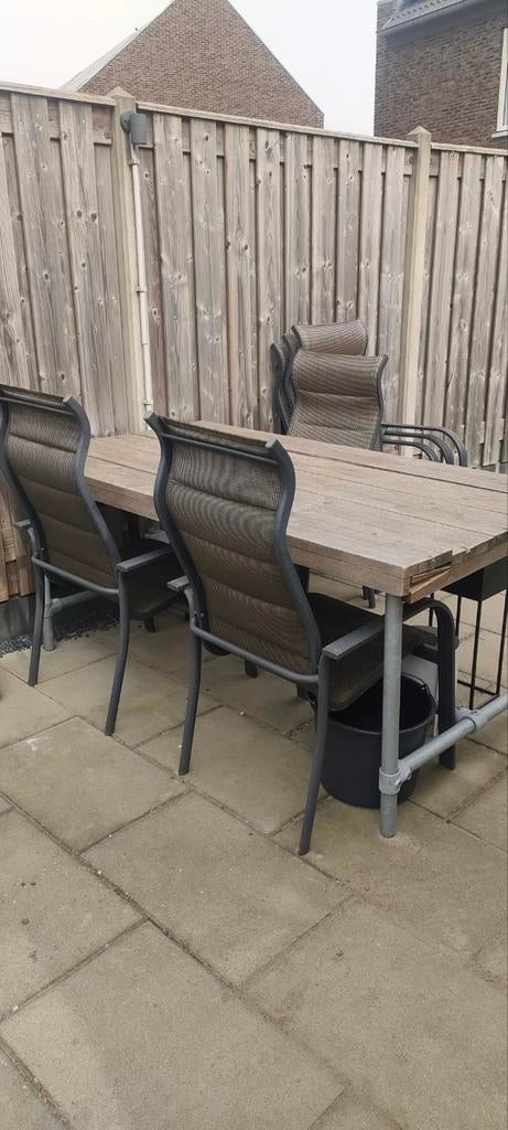 Steigerhouten tafel(heeft liefde nodig) buizenframe +6  sto, Ophalen, Gebruikt, 6 zitplaatsen, Steigerhout