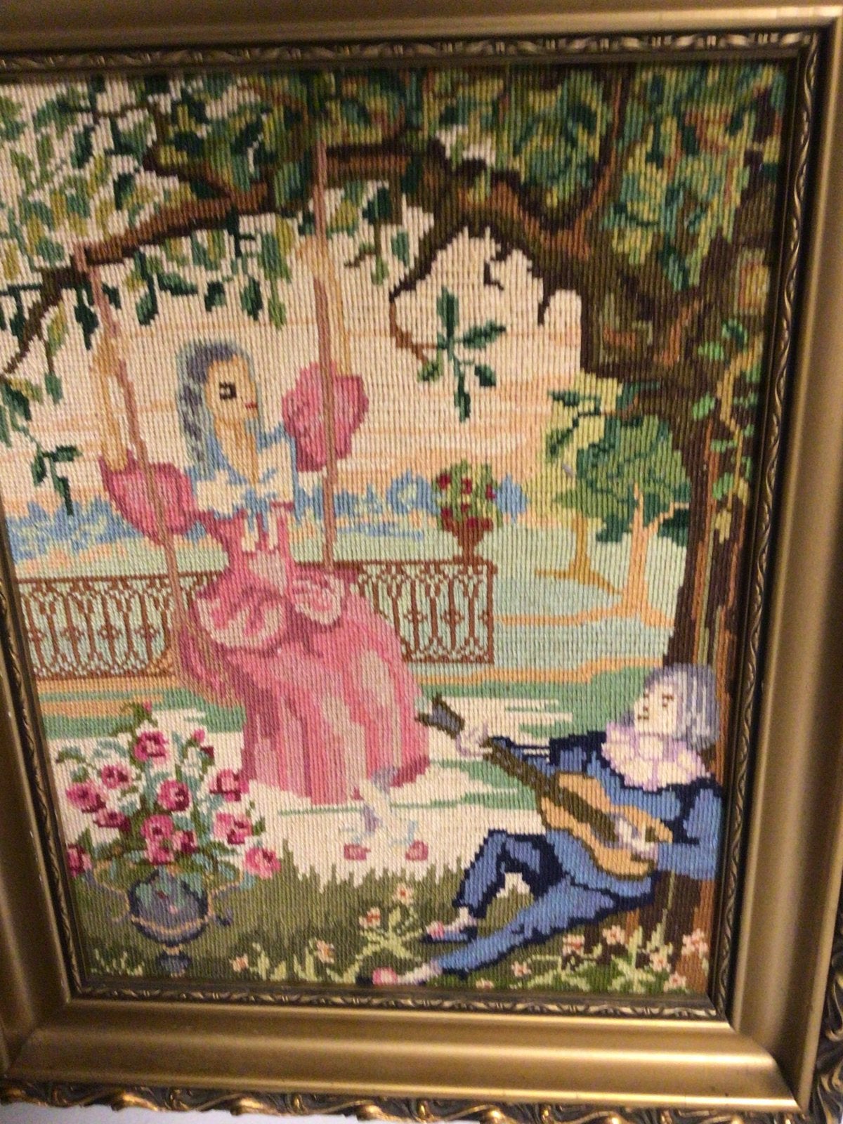 Romantisch Geborduurd Schilderij - Klassiek Tafereel, Antiek en Kunst, Kunst | Schilderijen | Klassiek, Portret of Personen, Ophalen of Verzenden