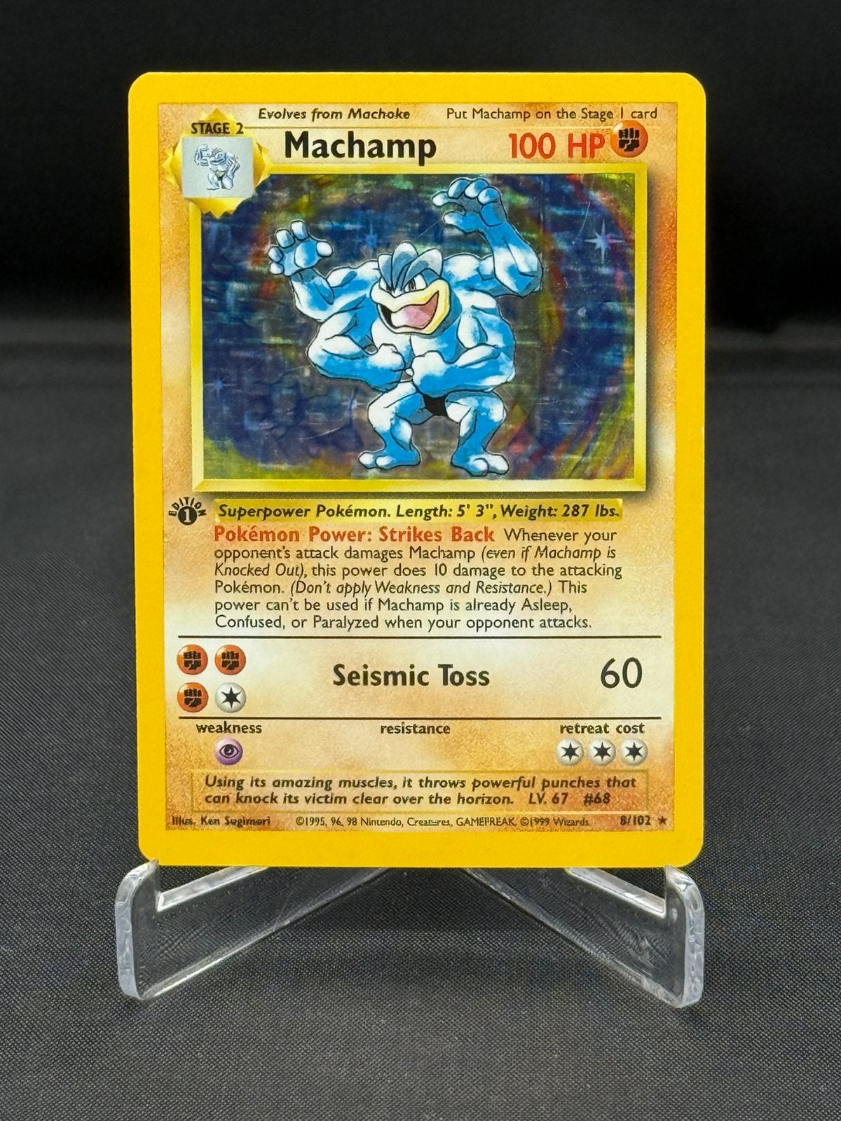 1st Machamp 8/102 Holo ~ Base set, Hobby en Vrije tijd, Verzamelkaartspellen | Pokémon, Ophalen of Verzenden, Gebruikt, Losse kaart