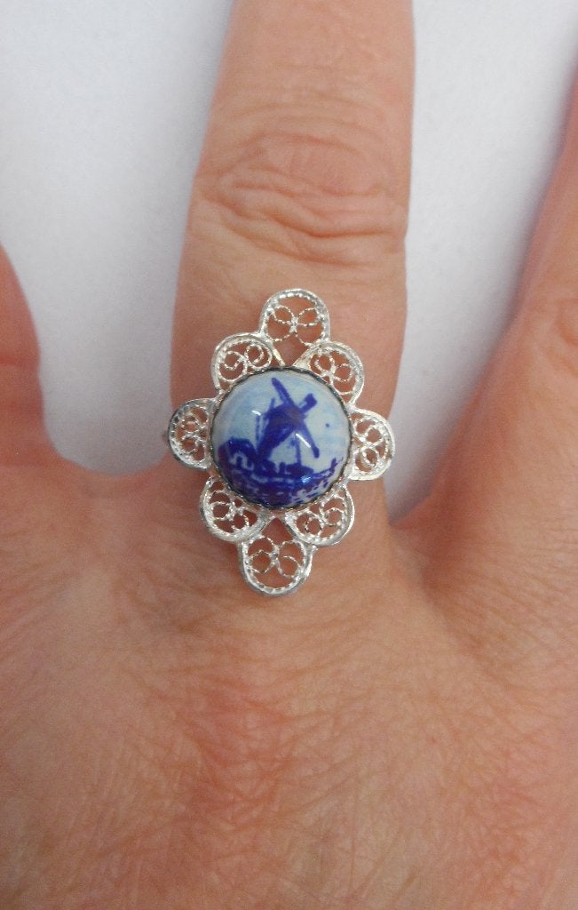 Zilveren vintage ring delfts blauwe steen maat 18 nr.763, 18 tot 19, Verzenden, Zo goed als nieuw, Dame