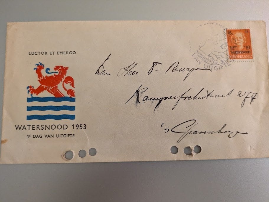 Watersnood 1953 Eerste Dag van Uitgifte envelop, Postzegels en Munten, Ophalen of Verzenden, Beschreven, Nederland