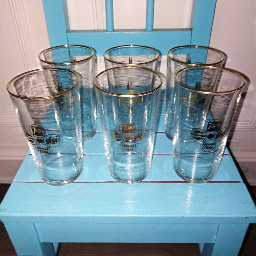 Vintage limonade glazen met logo 7up/pepsi/sisi/royal club, Ophalen, Glas of Glazen, Gebruikt, Glas