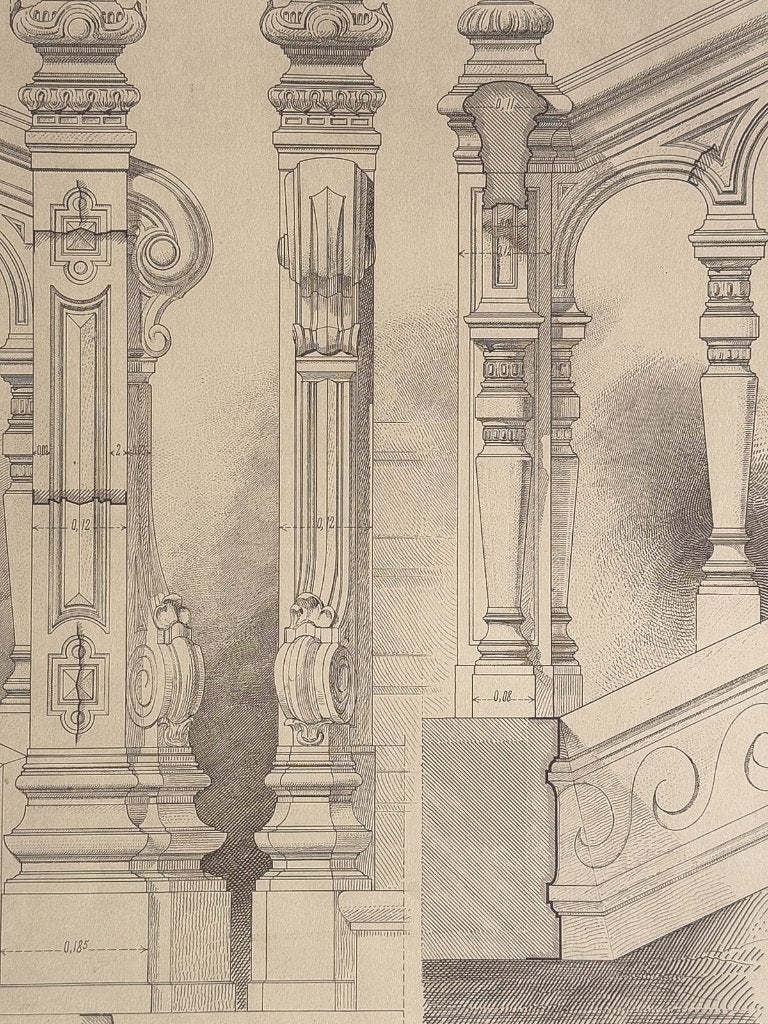 Antieke litho 1910 - houtbewerking trap Elzas-chalet, Antiek en Kunst, Kunst | Etsen en Gravures, Ophalen of Verzenden, Origineel